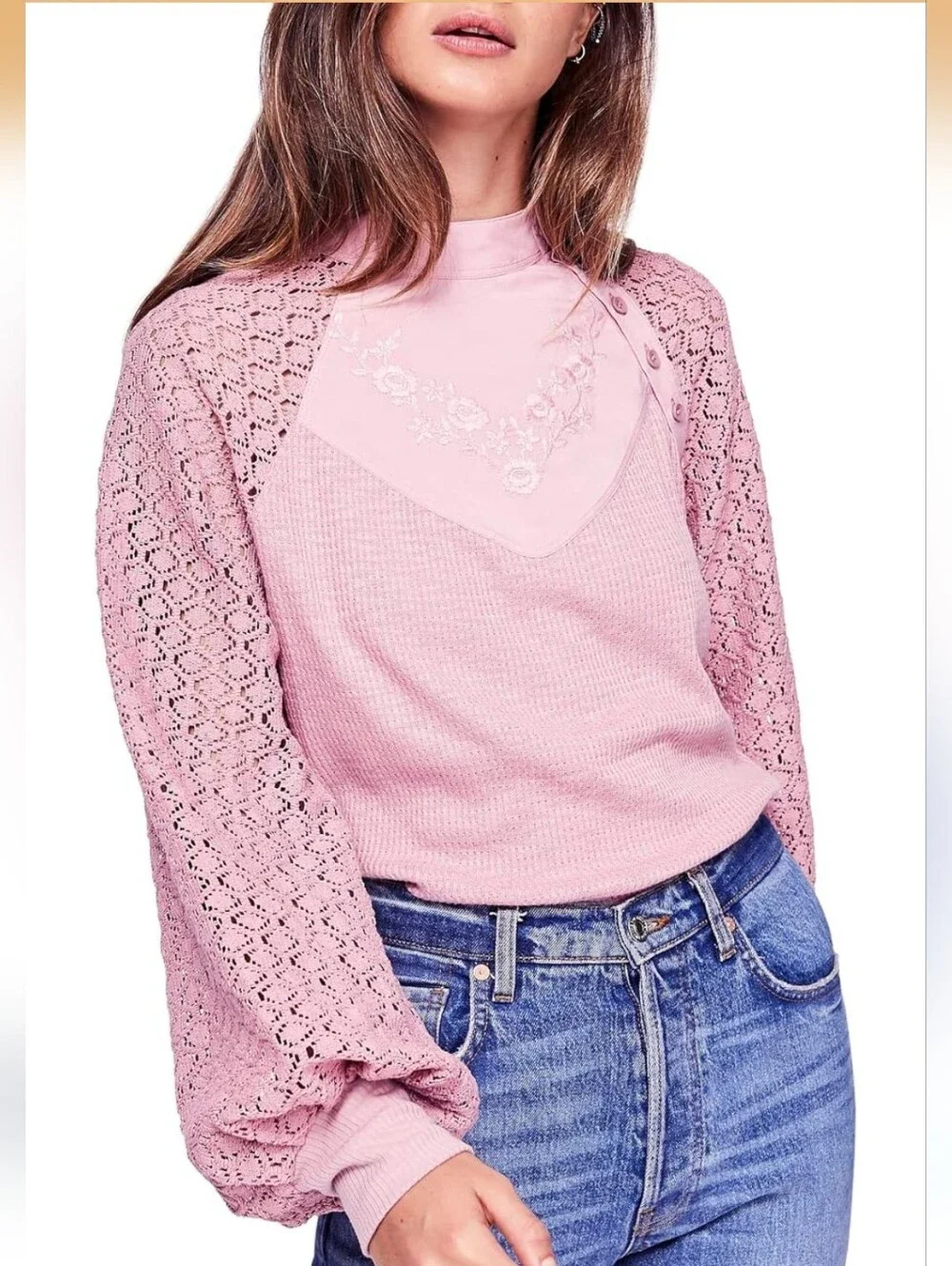 Free People Sweetest Thing Lace Sleeve Embroidered Thermal Top Med